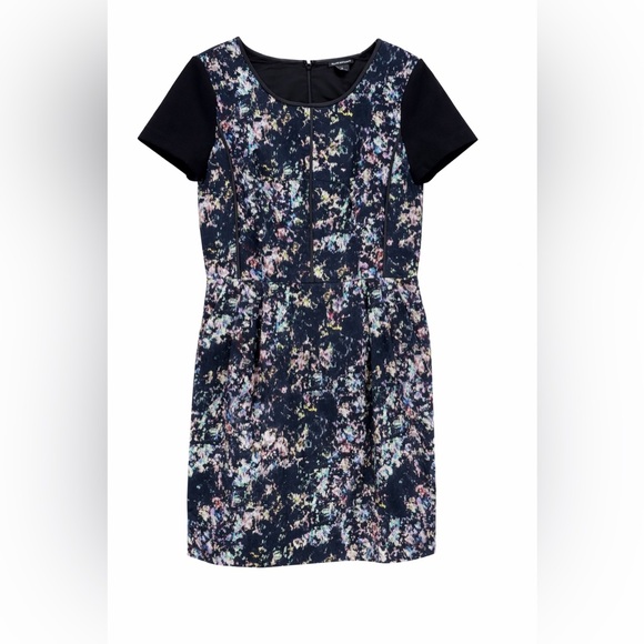 CLUB MONACO Shayla Mini Dress Black Abstract Print Faux leather Trim Size 8 - Picture 2 of 16